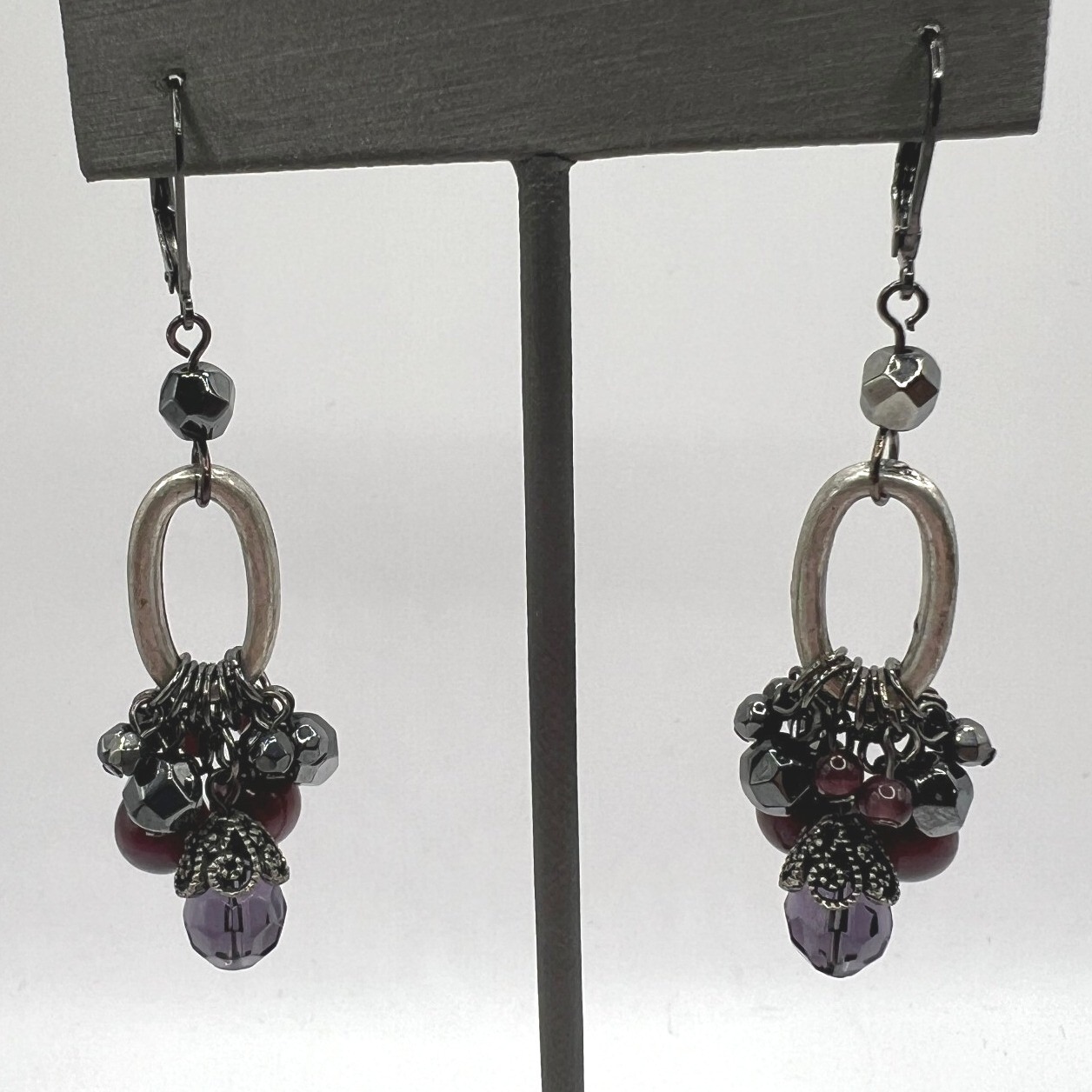 Vintage Boho Pierced Earrings Silver Tone And Purple Beads